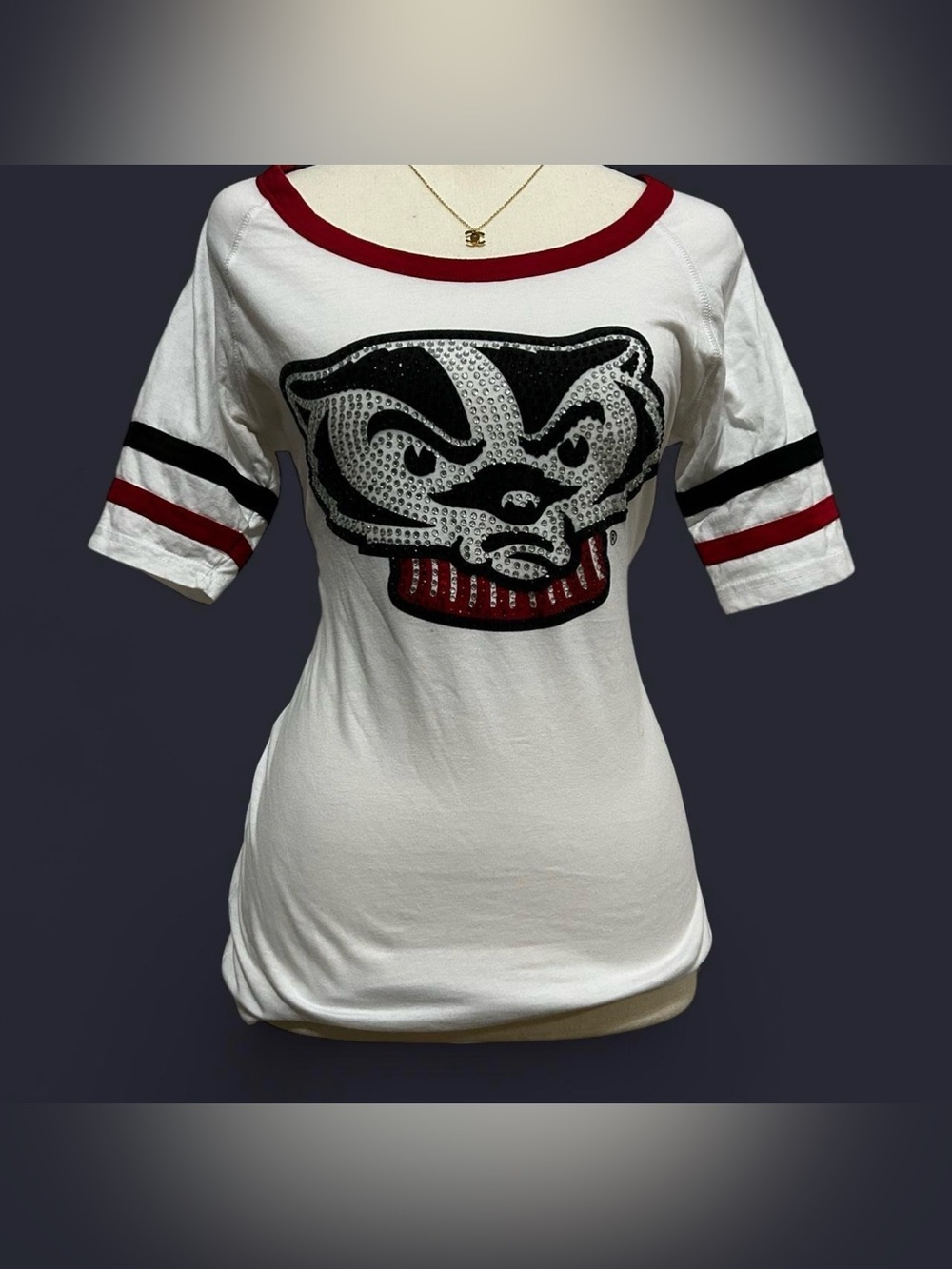 White and Red Badgers Rhinestone T- Shirt